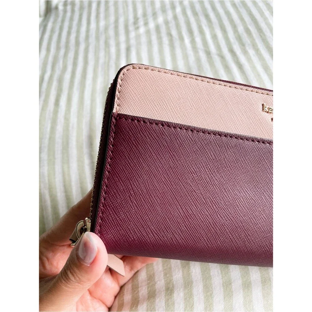 Kate Spade Cameron Large Zip Around Wallet Rose Smoke Wine Colorblock Accordion